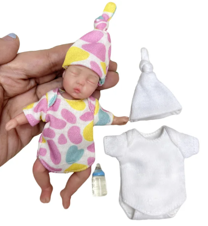 Mini Reborn Girl Doll with 2 Outfits - 4-Inch Soft Silicone Collectible