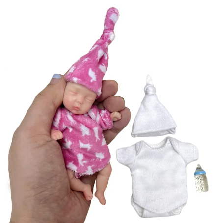 Mini Reborn Girl Doll with 2 Outfits - 4-Inch Soft Silicone Collectible