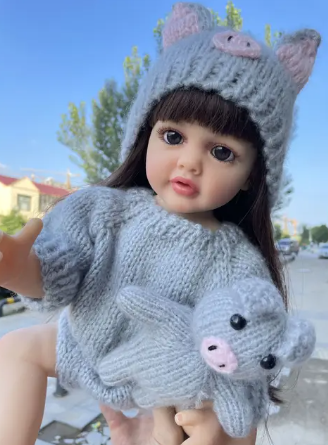 Reborn Girl Doll with Curly Brown Hair - 55 cm Realistic Silicone Baby