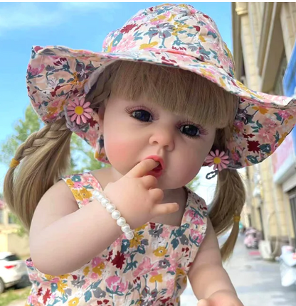 Reborn Girl Doll with Curly Brown Hair - 55 cm Realistic Silicone Baby